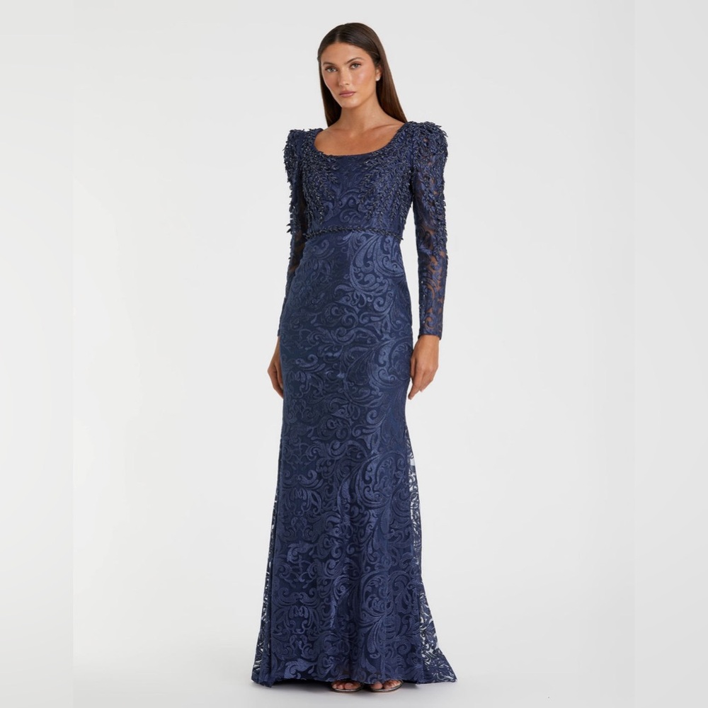 Mac Duggal Blue Embroidered Lace Applique Shoulder Detail Trumpet Gown